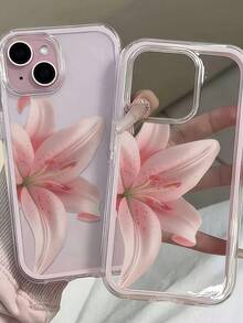 1件粉色百合大花圖案個性化粉色邊框二合一透明全包覆TPU防震時尚手機殼，適用於 11 12 13 14 15 16 17 Pro Max/Plus，完美禮物 - 粉色 - 查看 3