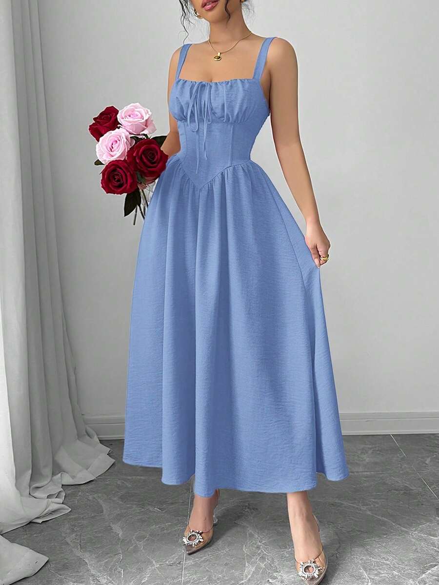 Women's Plain Red Maxi Dress For Summer 2025, Perfect For Valentine's Day Or Holidays, Featuring Ruffles At The Front, A Bow, An Asymmetrical Neckline, And A Slimmed Waist - 藍色 - 查看 1