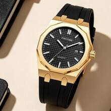 1pc Men's Black Octagonal Quartz Watch, White Plaid Dial With Date, Silicone Strap, Minimalist Business Sports Style, Waterproof For Daily Wear - Rose Gold - View 10
