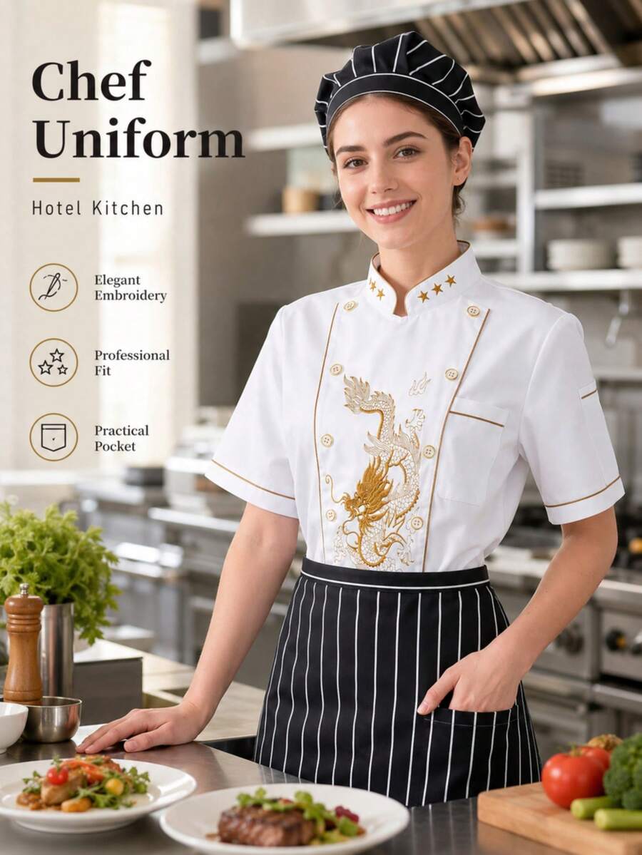 Premium White Chef Uniform With Dragon Embroidery, Short Sleeve Stand Collar, Professional Hotel Kitchen Workwear Fall - White - View 1