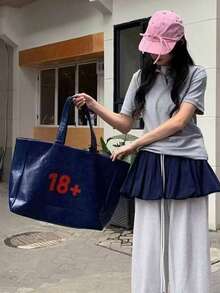 開學季數位通勤帆布托特包 大容量拼色手提包 大學生適用百搭單肩包 女款校園托特包 - 藏蓝色 - 查看 4