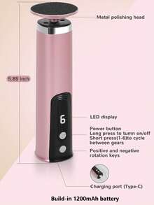 2-In-1 Electric Manicure & Pedicure Care System – 6 Adjustable Speeds, 7600 RPM Motor, LCD Display, Type-C Fast Charging 1200mAh Rechargeable, 2 Replaceable Heads For Removing Calluses And Dead Skin - Pink - View 6