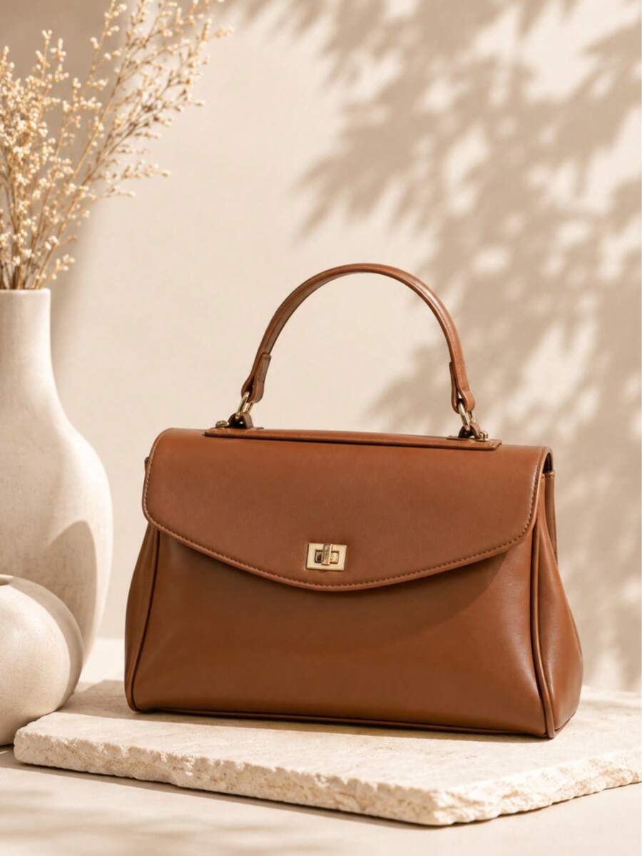 Women's Stylish Solid Color Handbag, Flap Closure With Lock, Versatile For Shoulder, Crossbody Wear, Large Capacity, Sophisticated Look For Commuting - Brown - View 1