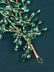 European & American Fashion Green Long Leaf Rhinestone Headband, Handmade Colorful Crystal Bridal Side Hair Accessory, Wedding Gown Evening Dress Styling Rhinestone Headpiece - Green - View 4