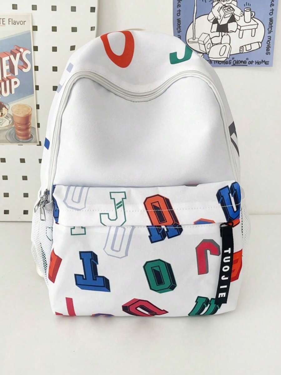 1 pieza Mochila casual de nailon con cierre de cremallera y estampado de letras, adecuada para estudiantes y uso diario en todas las estaciones, unisex - Blanco - Ver 1