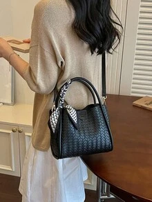 女款時尚簡約商務通勤黑色手提包，斜跨包 - 黑色 - 查看 3