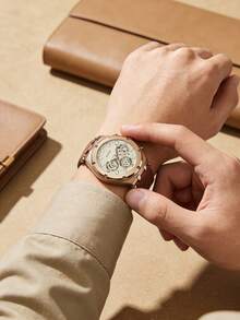 Guess Continental 男士計時石英腕錶，44mm 玫瑰金不鏽鋼錶殼，奶油色多功能子盤錶盤，棕色真皮錶帶 GW0262G3 - 金色 - 查看 4
