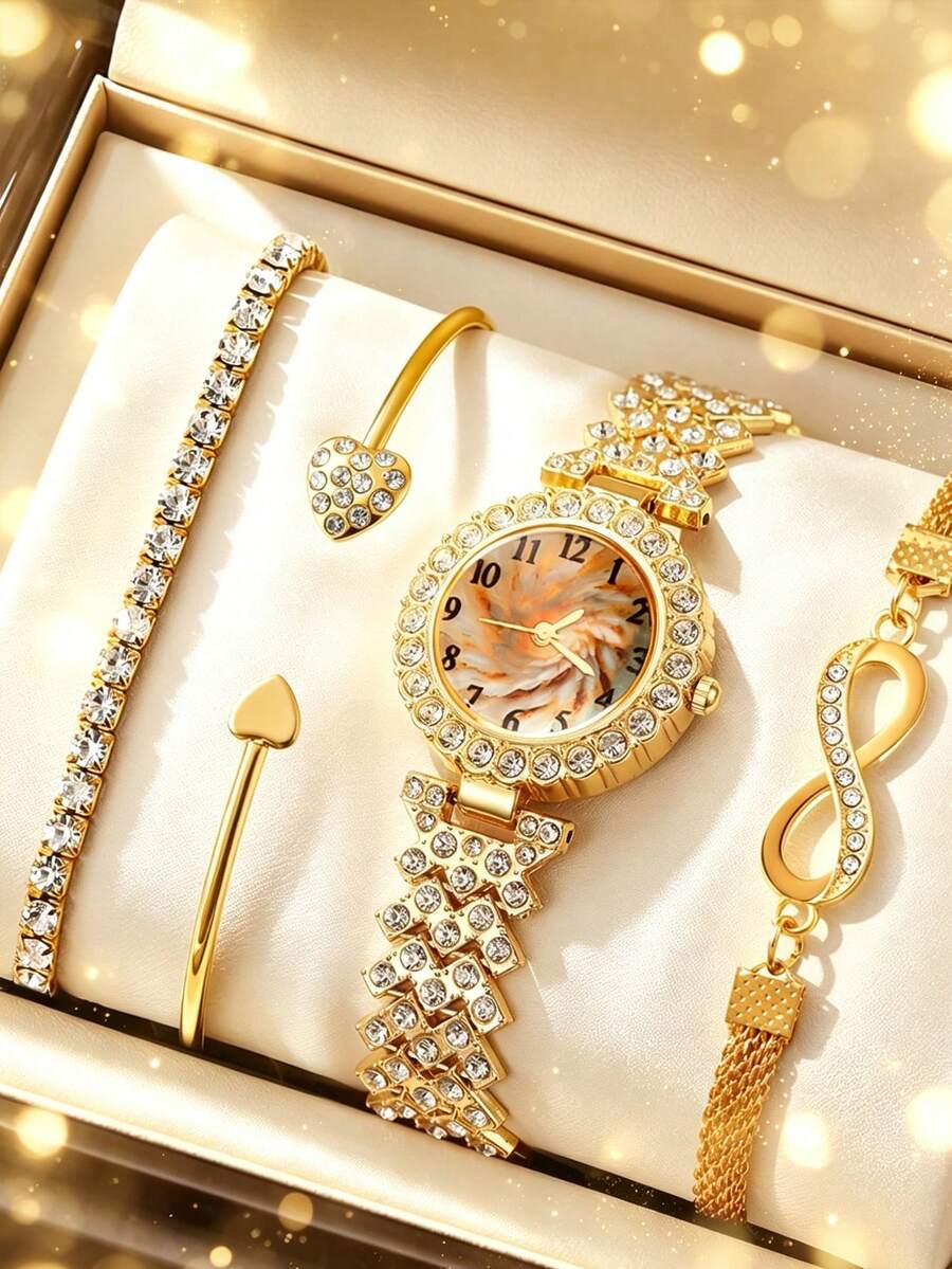 4件/1件女款金色奢華配件套裝,鑲鑽藝術錶盤石英手錶附3款配套手鍊,復古優雅,適合女友、好友的生日、情人節或畢業禮物,日常佩戴展現高貴溫婉優雅 - 金色 - 查看 1
