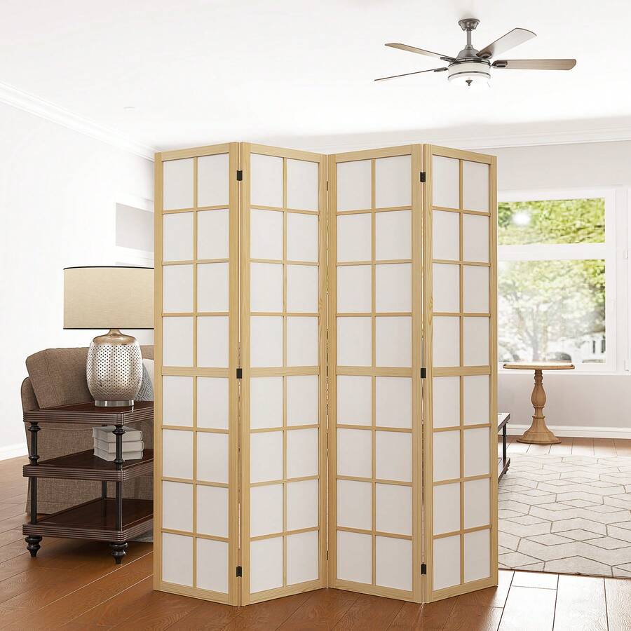Folding Screen With 4 Panels, 160 X 170 Cm, Room Divider, Privacy Screen, Freestanding Partition For Living Room, Natural Finish - White - View 1