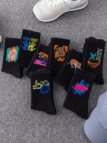 5 Pairs Random Assorted Unisex Black & White Graffiti Pattern Comfortable Skin-Friendly Durable Breathable Street Style Mid-Calf Socks For Home, Daily Wear And Outdoor Sports - Multicolor - View 4