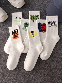 5 Pairs Random Assorted Unisex Black & White Graffiti Pattern Comfortable Skin-Friendly Durable Breathable Street Style Mid-Calf Socks For Home, Daily Wear And Outdoor Sports - Multicolor - View 7