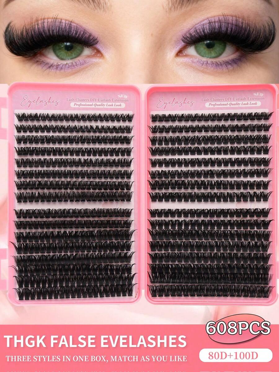608PCS D Curl Lash Clusters 80D+100D Individual DIY Eyelashes 8-16mm Mixed Length, Soft Light Reusable Segmented False Lash Extension Kit For Beginners, Daily Wedding Party Halloween Makeup - D - View 1