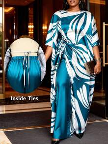 Plus Size Women African Two Pieces Set Printed Loose Bubu Dress With Draw String High Waist Pants Summer Formal Occasion New Fashion Elegant Vacation - Blue - View 8