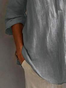 Plus Size Women's Solid Color Button Design Half-Open Front Shirt Comfortable Daily Wear - Grey - View 4