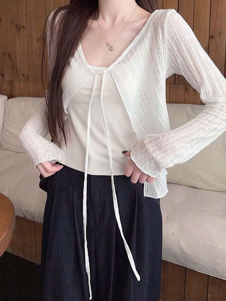 1件法式修身短版女款夏季鏤空蕾絲罩衫披肩,可搭配洋裝與細肩帶背心 - 彩色 - 查看 1