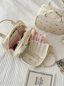 Gentle Beige Apricot Bowknot Embroidered Quilted Diamond Pattern Portable Makeup Bag For Cosmetics And Skincare Storage - Apricot - View 5