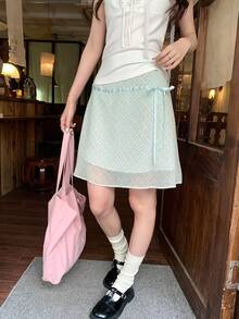 Summer Fresh Plaid Skirt With Bow Tie - Mint Green - View 5