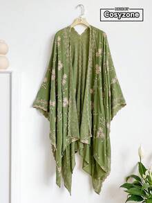 1件優雅花卉圖案波希米亞刺繡開襟披肩女款和服式圍裙 春夏外穿沙龍罩衫 海灘度假防曬刺繡開襟衫 時尚百搭奢華裝飾款 適合日常穿著 送禮首選 - 綠色 - 查看 1