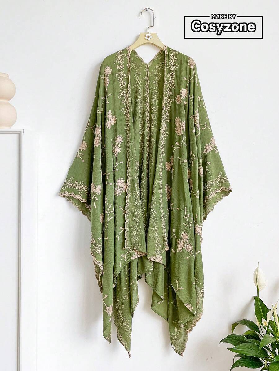 1件優雅花卉圖案波希米亞刺繡開襟披肩女款和服式圍裙 春夏外穿沙龍罩衫 海灘度假防曬刺繡開襟衫 時尚百搭奢華裝飾款 適合日常穿著 送禮首選 - 綠色 - 查看 1