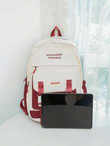 Letter Graphic Classic Backpack With Cartoon Charm Preppy Badge Decor For School - Red - View 3