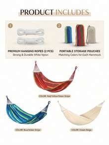 1pc Outdoor Hammock, Double Cotton Canvas Portable Camping Garden Hammock With Storage Bag And Hanging Rope, Anti-Roll Strong Durable, Red Yellow Green/Blue Green Striped/Beige Optional, Multiple Sizes, With Curved Stick Tie Rope Style & Tie Rope Style - [190x150cm Rope Tie Design + Storage Bag] - View 7