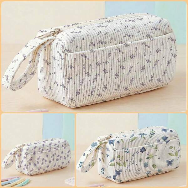 1pc Ditsy Floral Print Children's Corduroy Foldable Pencil Case With Side Pocket & Handle, Multi-Use Bag For School & Travel Essentials