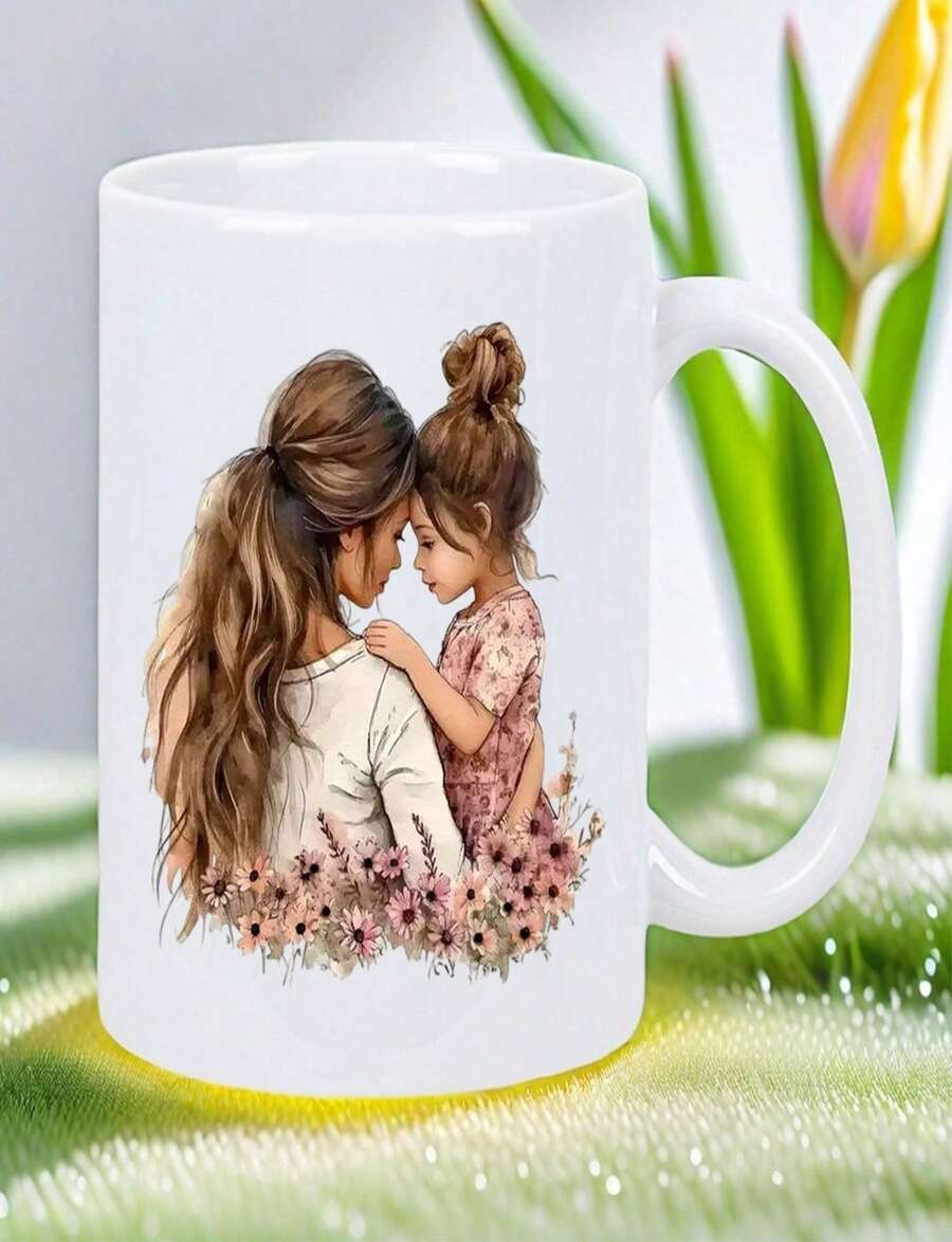 Mother-Daughter Bonding - Floral Ceramic Mug With Mother-Daughter Design Dishwasher Or Handwash - White Novelty Cup Tea - Blanco - Ver 1