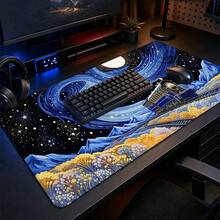 深金色星空蒸汽火車大號滑鼠墊，加厚防滑縫邊電競桌墊，藝術油畫風鍵盤墊，適用於 PC 辦公室居家裝飾 - 查看 1
