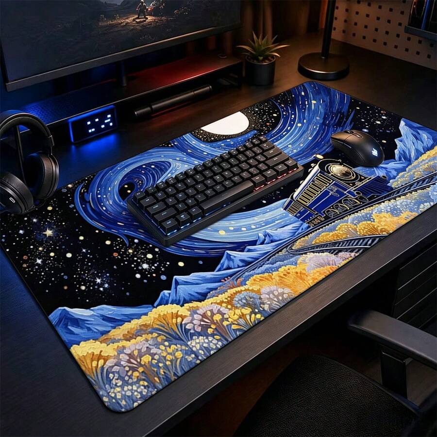 深金色星空蒸汽火車大號滑鼠墊,加厚防滑縫邊電競桌墊,藝術油畫風鍵盤墊,適用於 PC 辦公室居家裝飾 - 查看 1