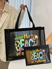 1 pieza/2 piezas Bolsa de malla de gran capacidad con decoración de letras Bolsa de malla de poliéster multifuncional de gran capacidad y set de bolsa de maquillaje - Almacenamiento y compra - Multicolor 2 - Ver 2