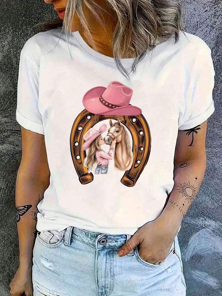 Summer 2026 Women's White T-Shirt With Horse Print And Pink Cowboy Hat - Casual Short Sleeve Crew Neck T-Shirt - Summer Top Western Style And Lucky Horseshoe - 黑色 - 查看 1