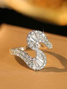 1 pieza Anillo abierto con diseño de cinta en forma de S único, chapado en plata con pavé completo de circonita cúbica brillante, joyería para mujer para uso nupcial, boda, uso diario, fiesta y regalo - Blanco - Ver 5