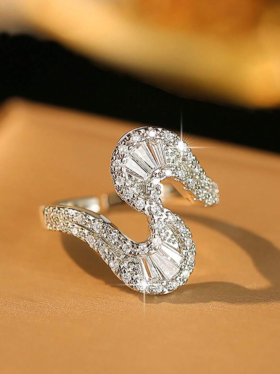 1pc Unique S-Shape Ribbon Design Silver Plated Full Pave Sparkling Cubic Zirconia Open Ring, Women Jewelry For Bridal Wear Wedding Daily Party Gift - White - View 1