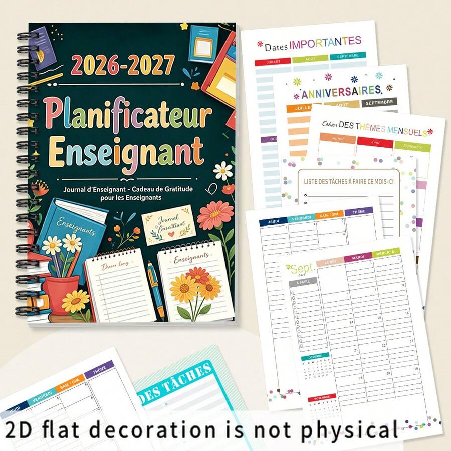 1pc A5 Full French Version Teacher Planner, Essential Teacher Theme Notebook, Teacher Appreciation Gift Book, Book Flower Pen Sticky Note Pattern Design, Lively Learning Style, Suitable For Teachers - Plan Teaching Schedule. Work Notebook. Office Supplies. For Personal Use Or Gift. - 1 - View 1