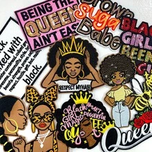 Ensemble de patchs thermocollants brodés Magic Melanin Queen, couronne rose, Respect My Hair, Brown Babe, slogan Black Pride, applique à coudre pour veste en jean, chapeau, sac à dos, décoration DIY - B-noir - Voir 1