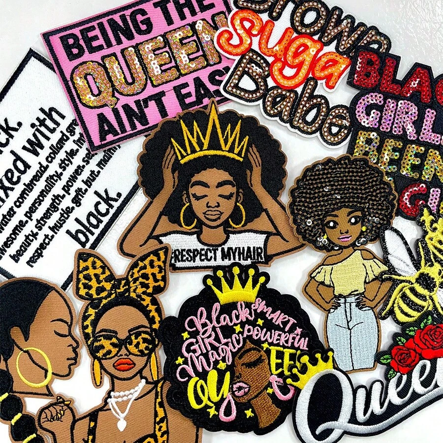 Ensemble de patchs thermocollants brodés Magic Melanin Queen, couronne rose, Respect My Hair, Brown Babe, slogan Black Pride, applique à coudre pour veste en jean, chapeau, sac à dos, décoration DIY - B-noir - Voir 1