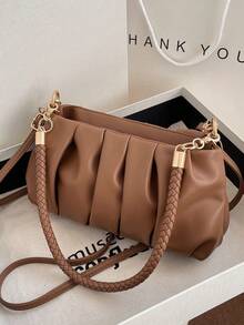 This Stylish Khaki Purple PU Handbag Features A Detachable Shoulder Strap And A Pleated Design, Making It Suitable For Office Workers, Teachers, And Students. - 棕色 - 查看 1