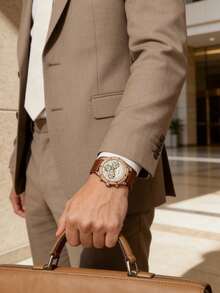Guess Continental 男士計時石英腕錶，44mm 玫瑰金不鏽鋼錶殼，奶油色多功能子盤錶盤，棕色真皮錶帶 GW0262G3 - 金色 - 查看 5
