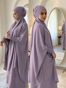 紋理縮褶彈性袖口 Khimar Abaya 兩件套，寬鬆大袖端莊 長洋裝，穆斯林女性休閒伊斯蘭禮拜服裝 - 彩色 - 查看 1