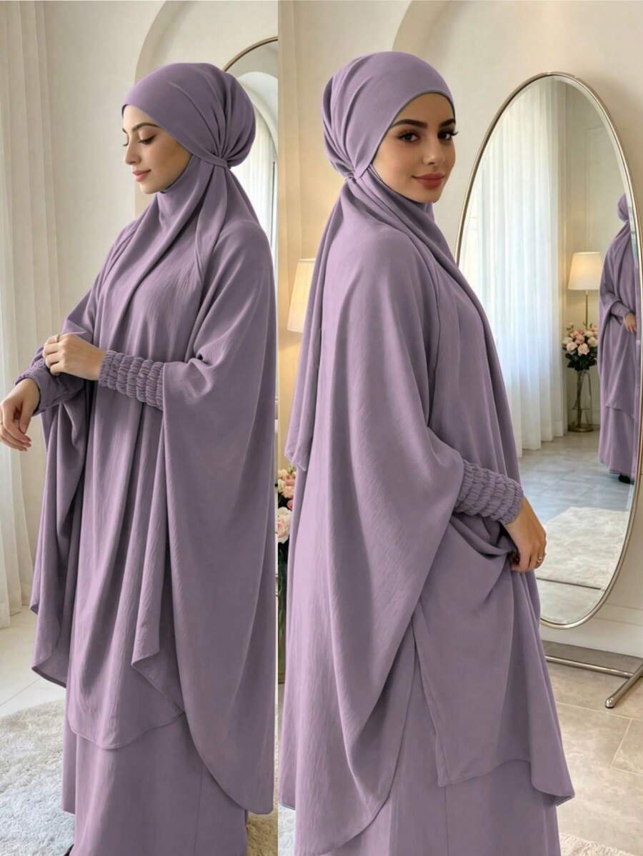 紋理縮褶彈性袖口 Khimar Abaya 兩件套,寬鬆大袖端莊 長洋裝,穆斯林女性休閒伊斯蘭禮拜服裝 - 彩色 - 查看 1