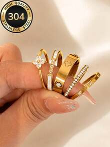 5pcs/Set Gold Stackable Fashionable Exquisite Ring Set, 18K Gold Plated 304 Stainless Steel, Rust-Proof Waterproof Hypoallergenic Delicate Lucky Stackable Jewelry, Birthday Valentine's Day Anniversary Gift For Her, Also Suitable For Daily Wear - Gold - View 14