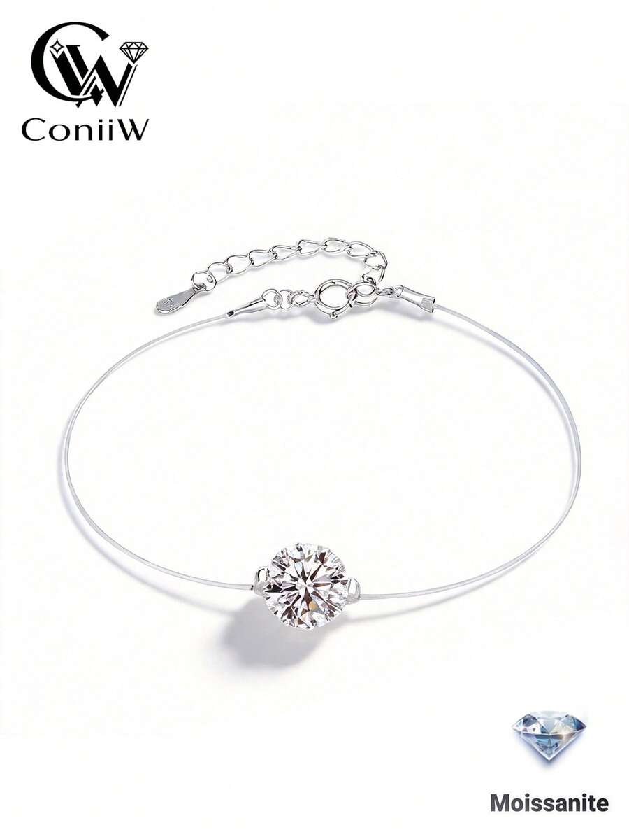 ConiiW Exquisite 925 Sterling Silver 1ct Moissanite Creative Transparent Fishing Line Women's Bracelet, Suitable For Daily Wear Or Party