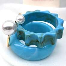 GNIT Light Blue Marble Pattern Resin Double Pearl Gold Cuff Bracelet Set, Women's, 3pcs/1pc Stackable Thick Curved & Wavy Wide Bracelet, Beach Summer Style - Sky Blue, Golden Pearl, Blue-brown Stripes - View 7