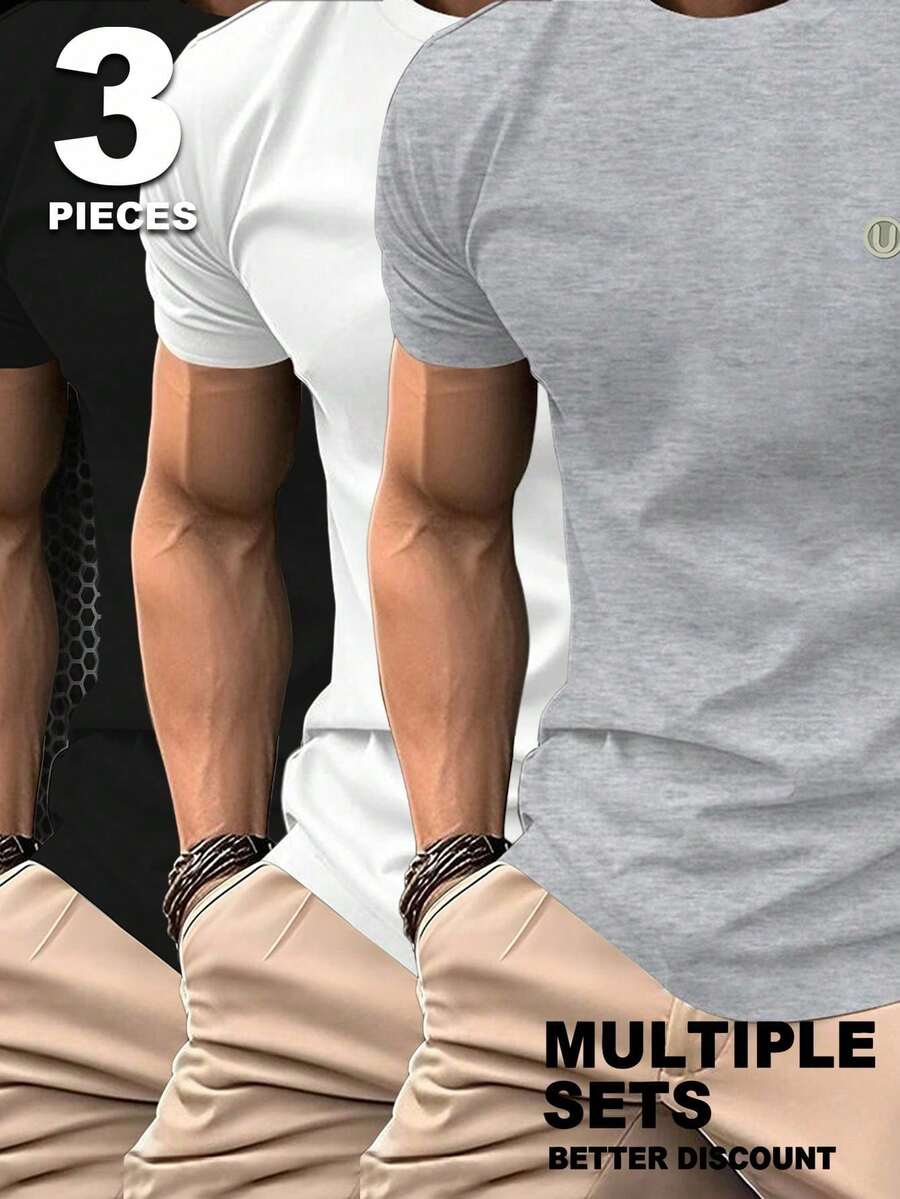 NEOREFINED Men's Casual Solid Color Crew Neck T-Shirt, Set Of 3 Summer T-Shirts For Men - 灰色 2 - 查看 1