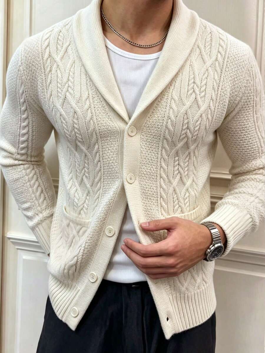 Men's Casual Knit Cardigan, Thick Cable Knit Shawl Collar Sweater, Warm Double Pocket Knitted Jacket For Autumn/Winter - Apricot - View 1