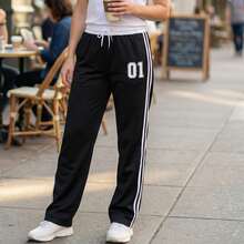 Women's Drawstring Waist Long Jogger Pants, Slightly Elastic, Suitable For Street Style, Campus Style, Casual Sports, Basic Loose Fit Black Fall - Black - View 1