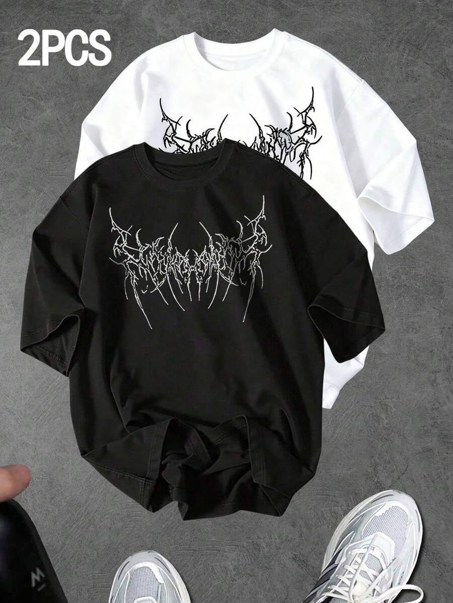 Sport MetroGents Men's Short Sleeve Thorn Print Sports T-Shirt, Summer Graphic Tees With Horror Designs, Band Tees, Custom Tees, Cam - 5 - 查看 1