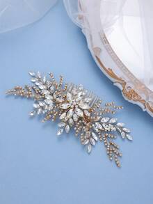 1pc Handmade Gold Rhinestone Leaf Hair Comb, Elegant Bridal Headpiece For Wedding, Prom, Party - Gold - View 3