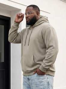 Plus Size Solid Color Hooded Sweatshirt, Loose Fit Kangaroo Pocket Drawstring Pullover, Casual Versatile Top - Khaki - View 4
