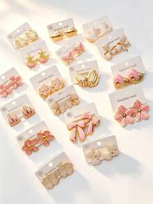 Luxury Pink Gold And Enamel Stainless Steel Earring Set (4/8/16/24 Pieces) – Women's Fashion Accessories (Party/Fashion) - Multicolor - View 5